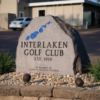 Entrance sign at Interlaken Golf Club in Fairmont, Minnesota