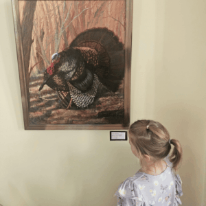 Girl looking at paintings at the Red Rock Center for the Arts in Fairmont, MN